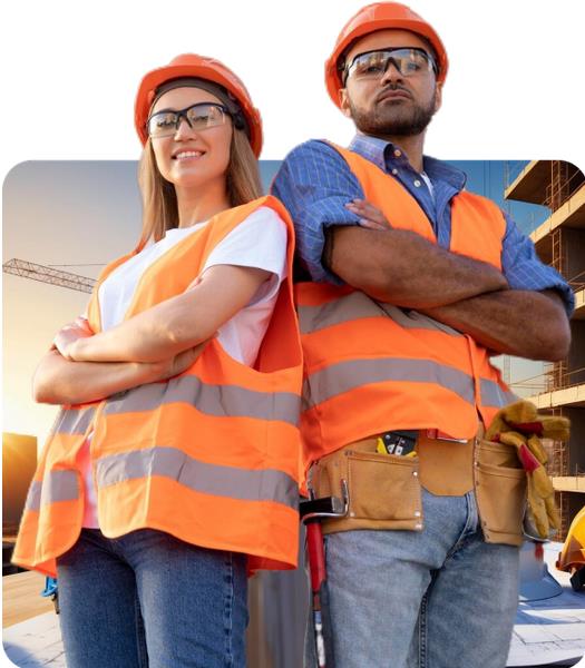 Two construction professionals wearing safety helmets